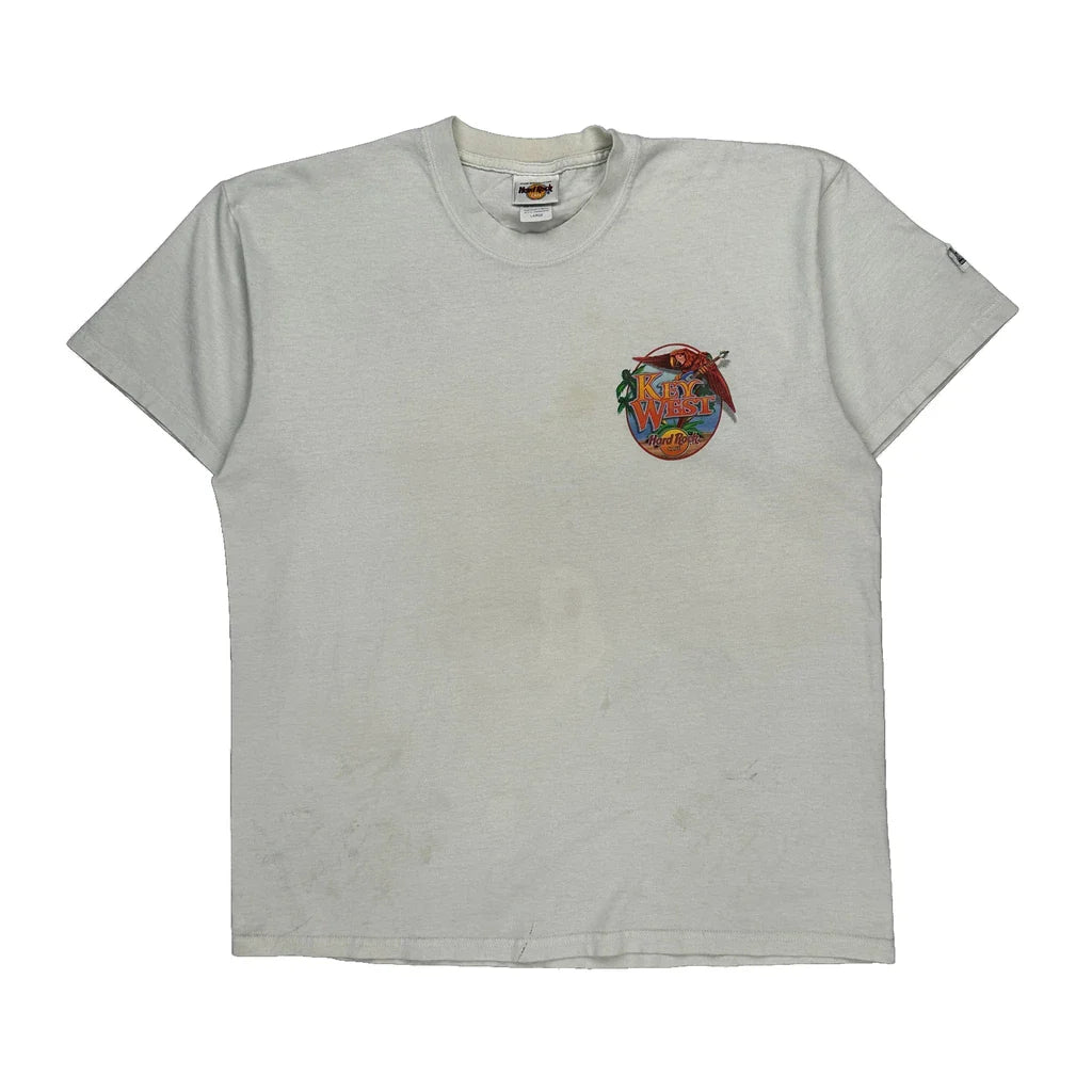 Key West Hard Rock Cafe Graphic T-Shirt - Large White Cotton Refurbished - Thrifted (note: this is a term often used to describe second- refurbished available on Cerqular