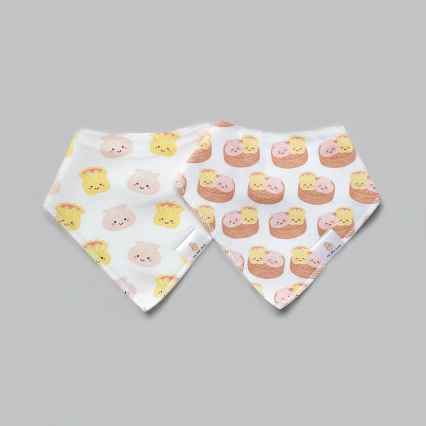 Organic Cotton Bandana Bibs 2pcs Set - Bakery Buns + Iced Tea Combo | Design: Dim Sum Duo Refurbished - The Wee Bean refurbished available on Cerqular
