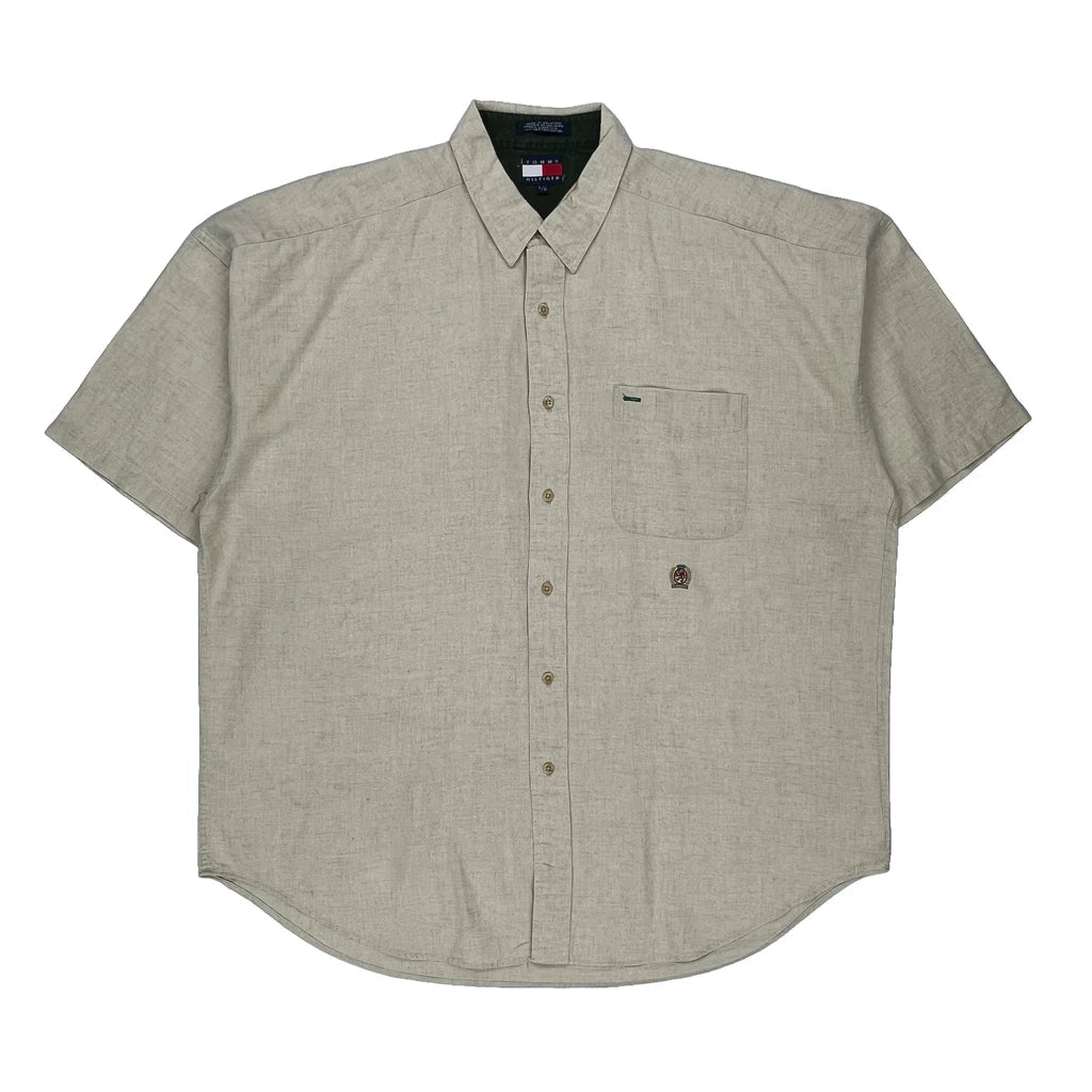 Tommy Hilfiger Short Sleeve Shirt - Large Beige Linen Blend Refurbished - Thrifted (note: this is a term often used to describe second- refurbished available on Cerqular