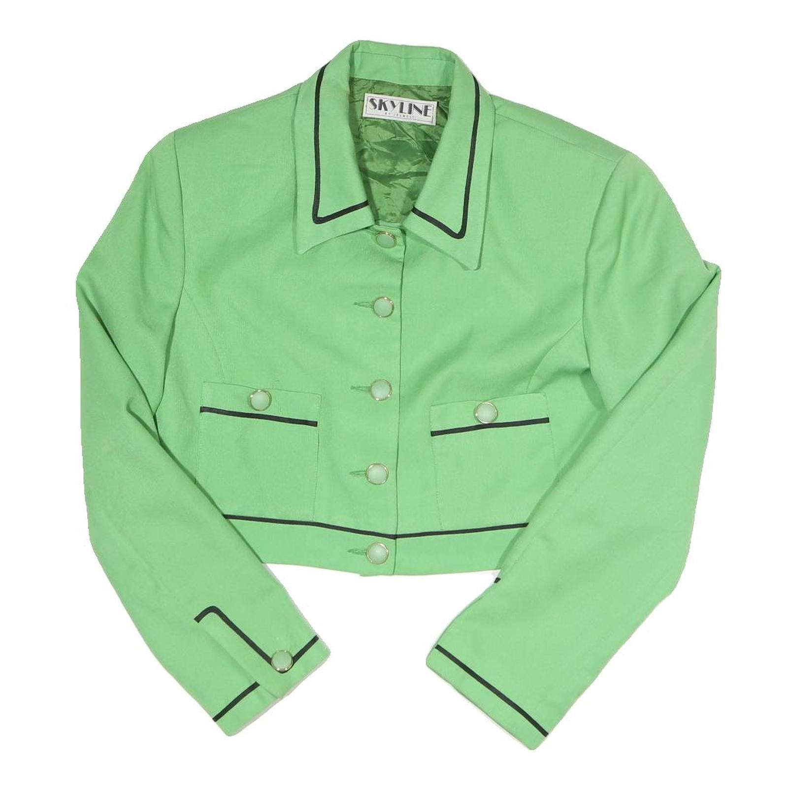 SKYLINE Womens Green Cotton Blend Button Jacket M Plain Crop Piped Trim Refurbished - N/A refurbished available on Cerqular