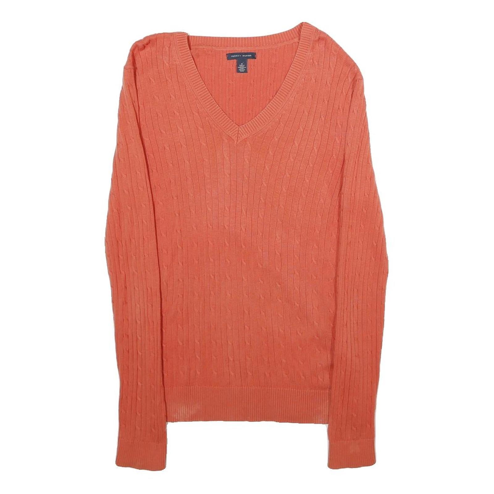 TOMMY HILFIGER Womens Coral Pink Plain Cable Knit V-Neck Jumper M Cotton Refurbished - N/A refurbished available on Cerqular