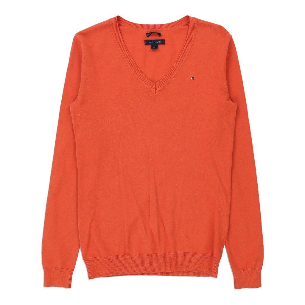 Tommy Hilfiger V-neck Jumper - Small Orange Cotton Refurbished - Thrifted (note: this is a term often used to describe second- refurbished available on Cerqular