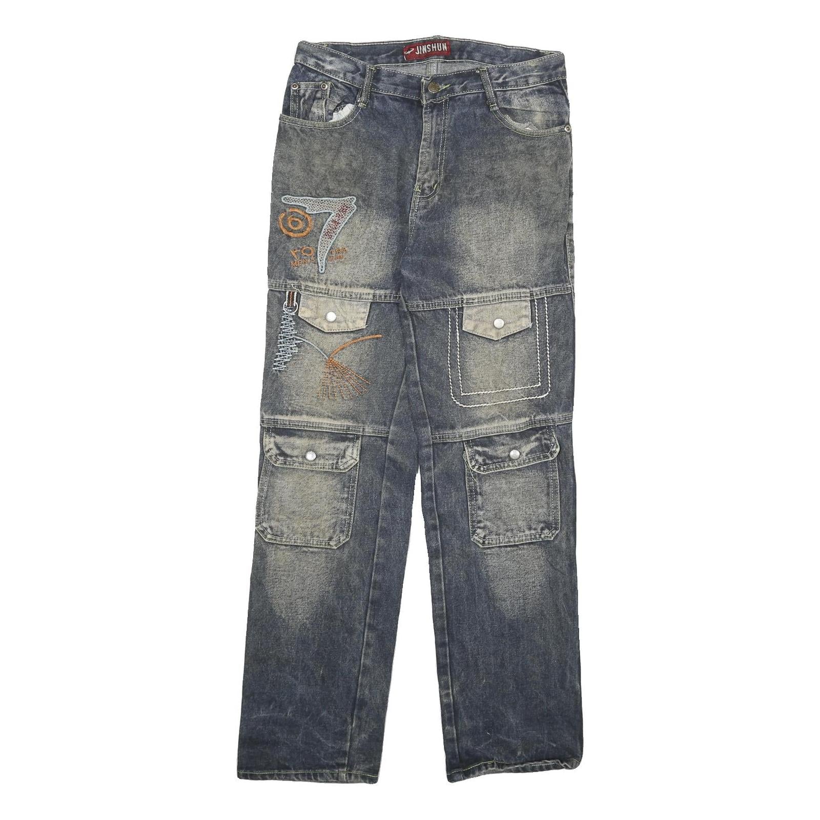 JIN SHUN Mens Jeans Blue Regular Cargo Denim Medium W28 L29 Embroidered Pockets Refurbished - N/A refurbished available on Cerqular