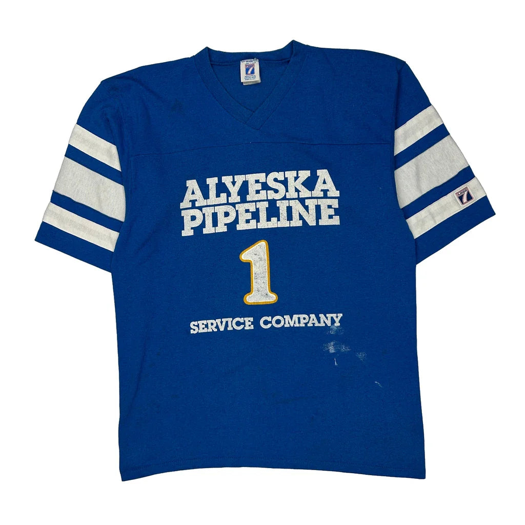 Alyeska Pipeline Service Company Logo Athletics Jersey - Medium White Cotton Refurbished - Thrifted (note: this is a term often used to describe second- refurbished available on Cerqular