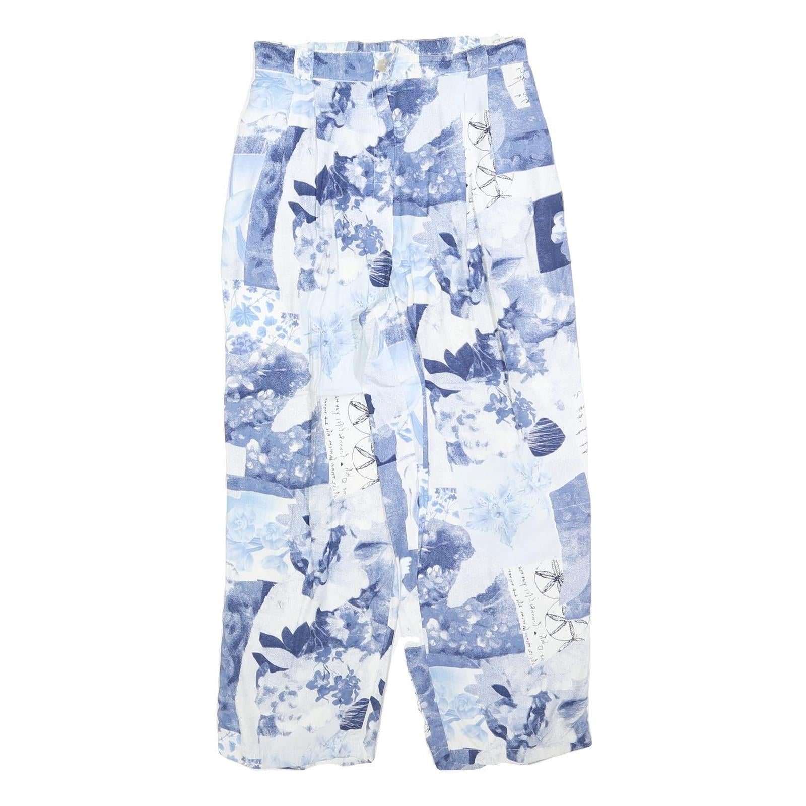 Womens Blue White Viscose Floral Print Regular Fit Trousers W28 L26 Zip Closure Refurbished - N/A refurbished available on Cerqular