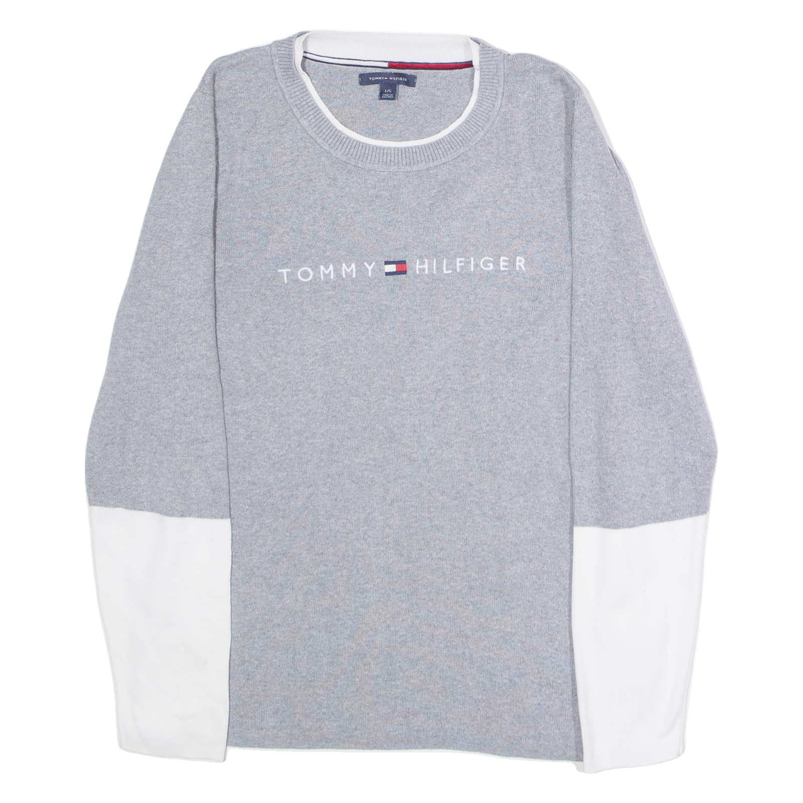 TOMMY HILFIGER Womens Patterned Jumper Grey Colourblock Crew Neck Tight Knit L Refurbished - N/A refurbished available on Cerqular