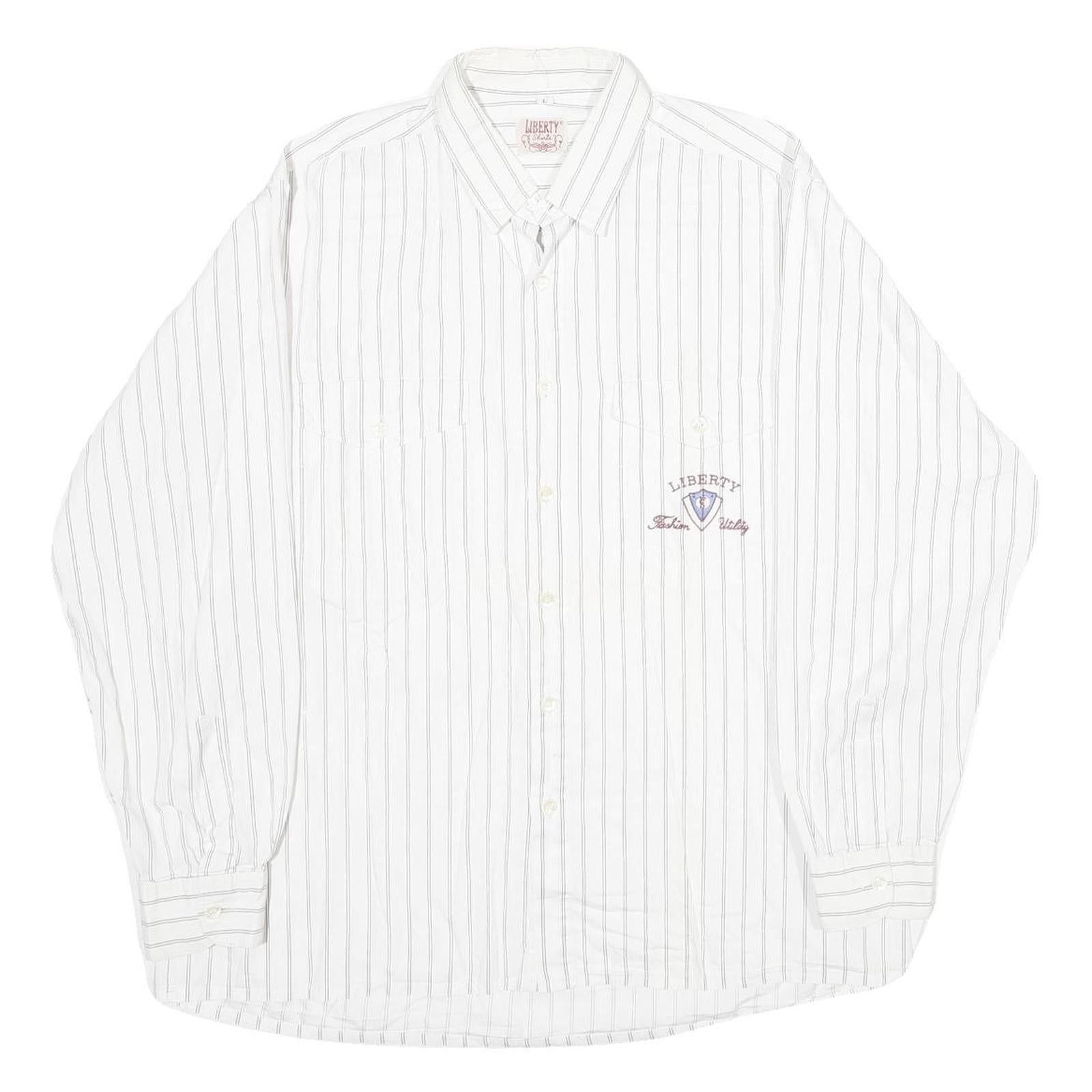 LIBERTY Mens White & Grey Striped Cotton Shirt L Button Front Casual Long Sleeve Refurbished - N/A refurbished available on Cerqular