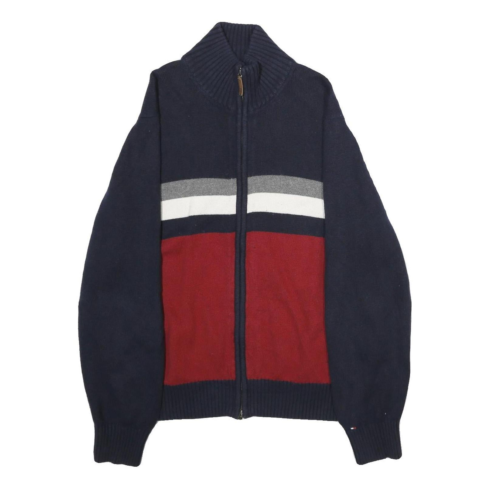 TOMMY HILFIGER Mens Navy Blue Red Grey Wool Blend Patterned Jumper Zip Neck L Refurbished - N/A refurbished available on Cerqular