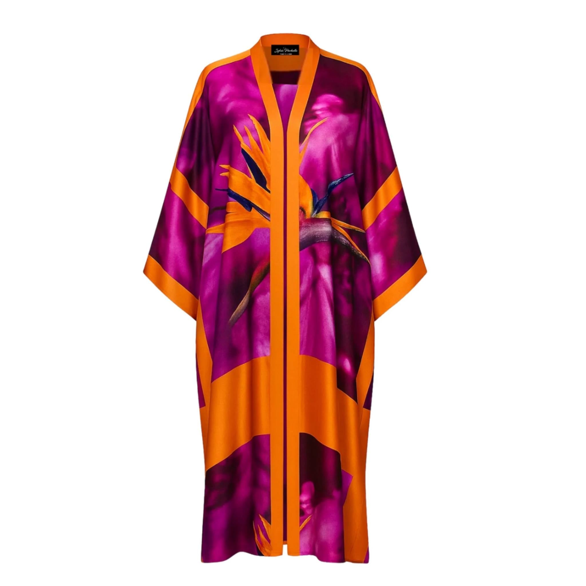 Unisex Bird of Paradise Printed Silk Kimono - Pink and Purple - Limited Edition of 25 | Color: Pink Purple | Material: 100% Silk Refurbished - N/A refurbished available on Cerqular