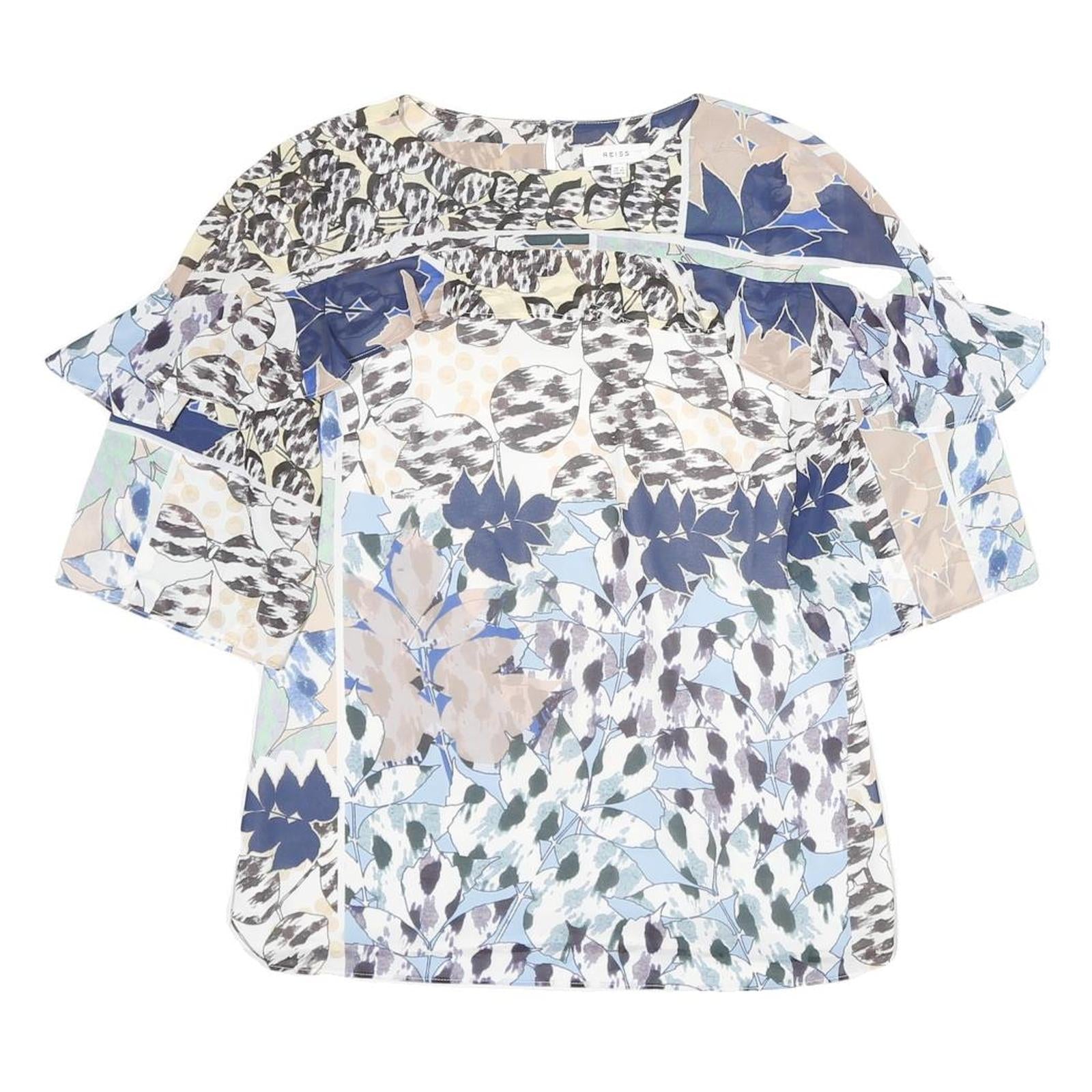 REISS Womens Blue Beige Printed Blouse Short Sleeve Round Neck UK 4 Patchwork Refurbished - N/A refurbished available on Cerqular