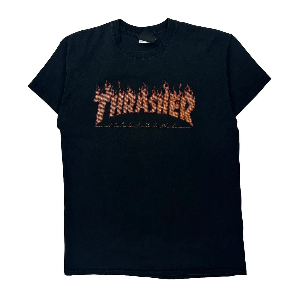 Flame Logo Thrasher Graphic T-Shirt - Medium Black Cotton Refurbished - Thrifted (note: this is a term often used to describe second- refurbished available on Cerqular