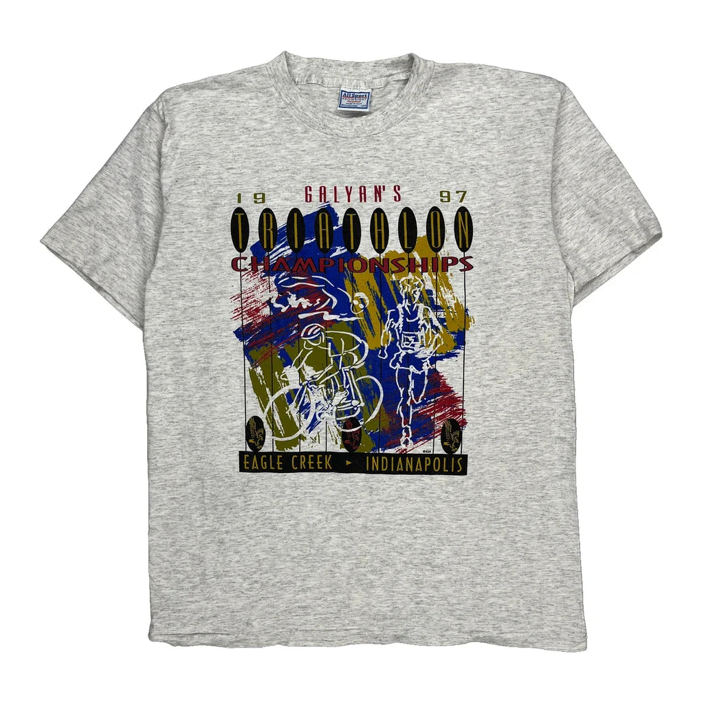 Triathlon Championships All Sport Single Stitch T-Shirt - Large Grey Cotton Refurbished - Thrifted (note: this is a term often used to describe second- refurbished available on Cerqular