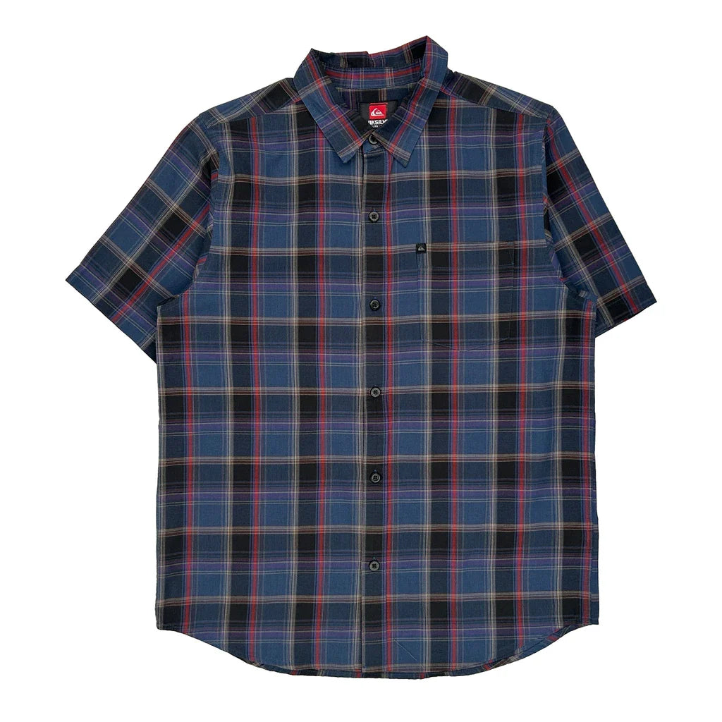 Quiksilver Checked Short Sleeve Shirt - XL Blue Cotton Refurbished - Thrifted (note: this is a term often used to describe second- refurbished available on Cerqular