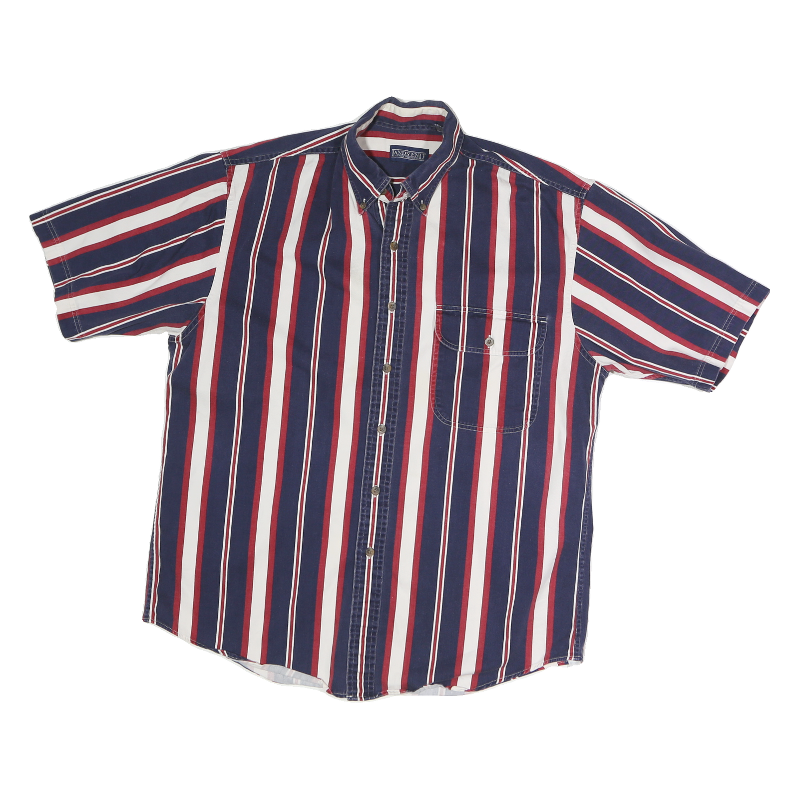 LANDS END Mens Blue & Red Striped Cotton Shirt M Button Down Casual Summer Refurbished - N/A refurbished available on Cerqular