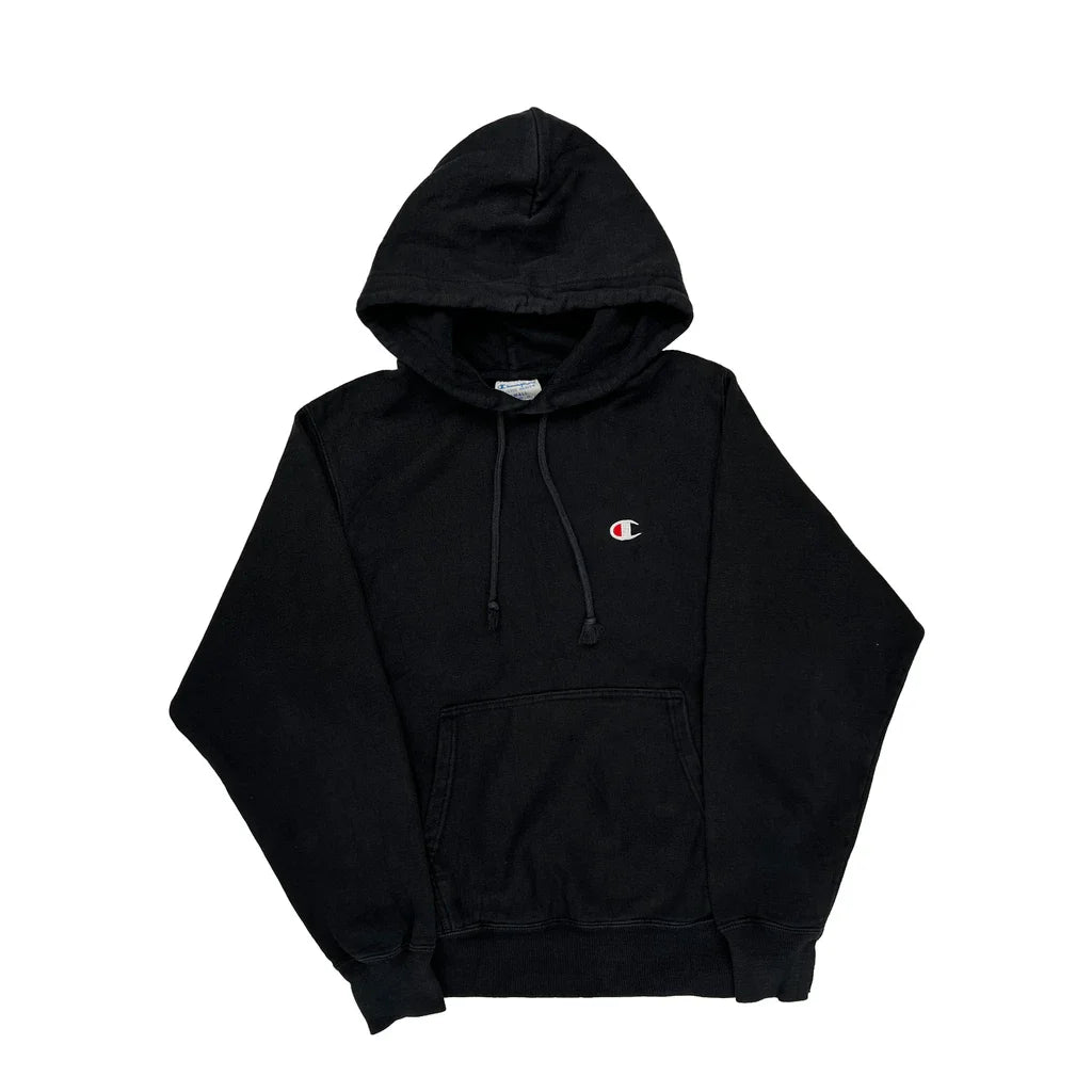 Reverse Weave Champion Hoodie - Small Black Cotton Refurbished - Thrifted (note: this is a term often used to describe second- refurbished available on Cerqular