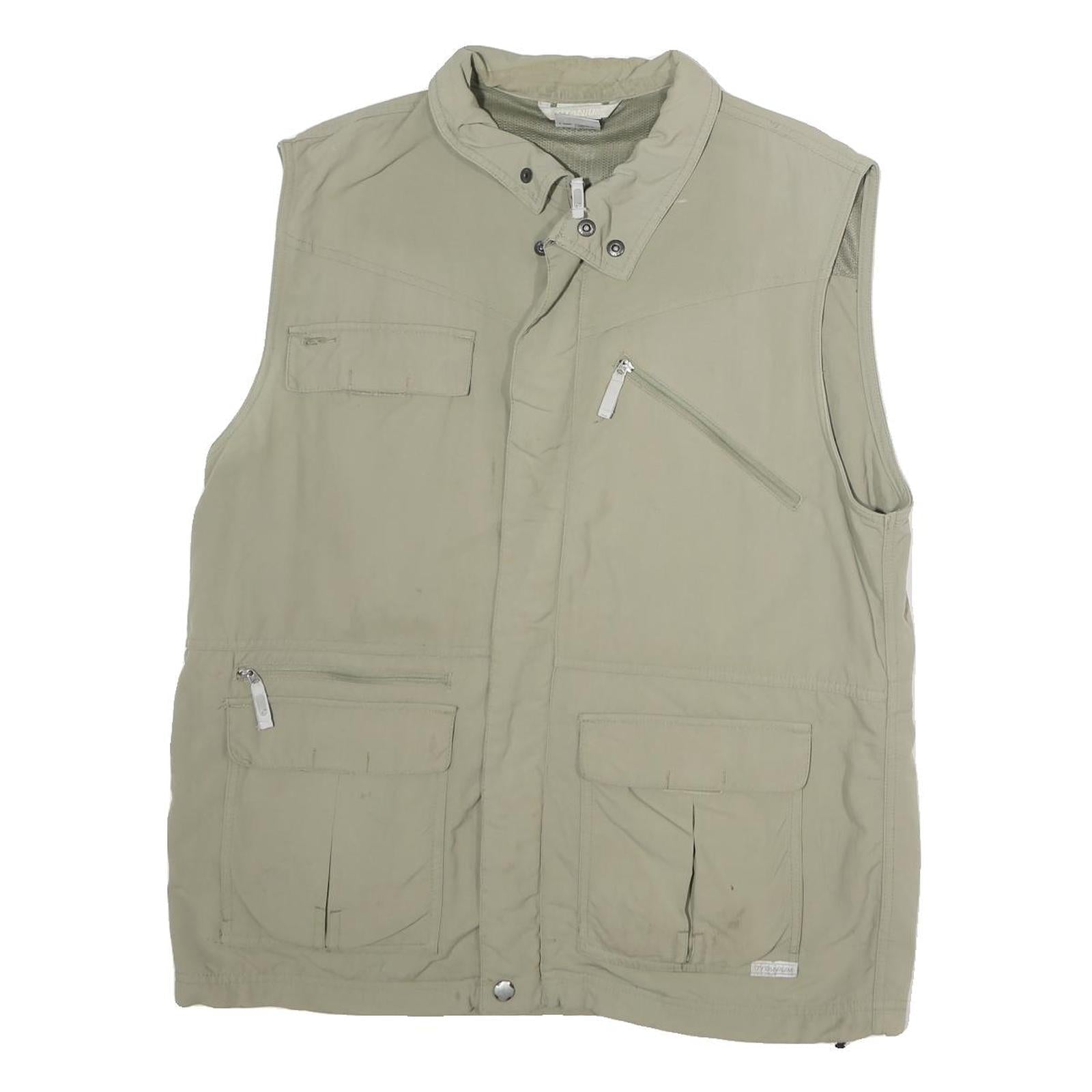 TITANIUM Mens Beige Cotton Sleeveless Jacket L Zip Utility Multi Pocket Casual Refurbished - N/A refurbished available on Cerqular