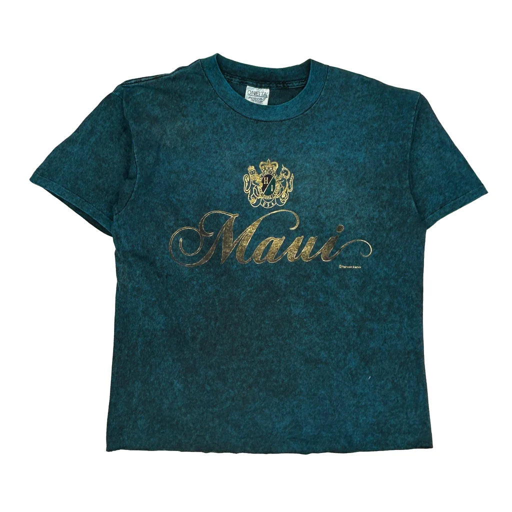 Maui Oneita Single Stitch T-Shirt - Large Blue Cotton Refurbished - Thrifted (note: this is a term often used to describe second- refurbished available on Cerqular