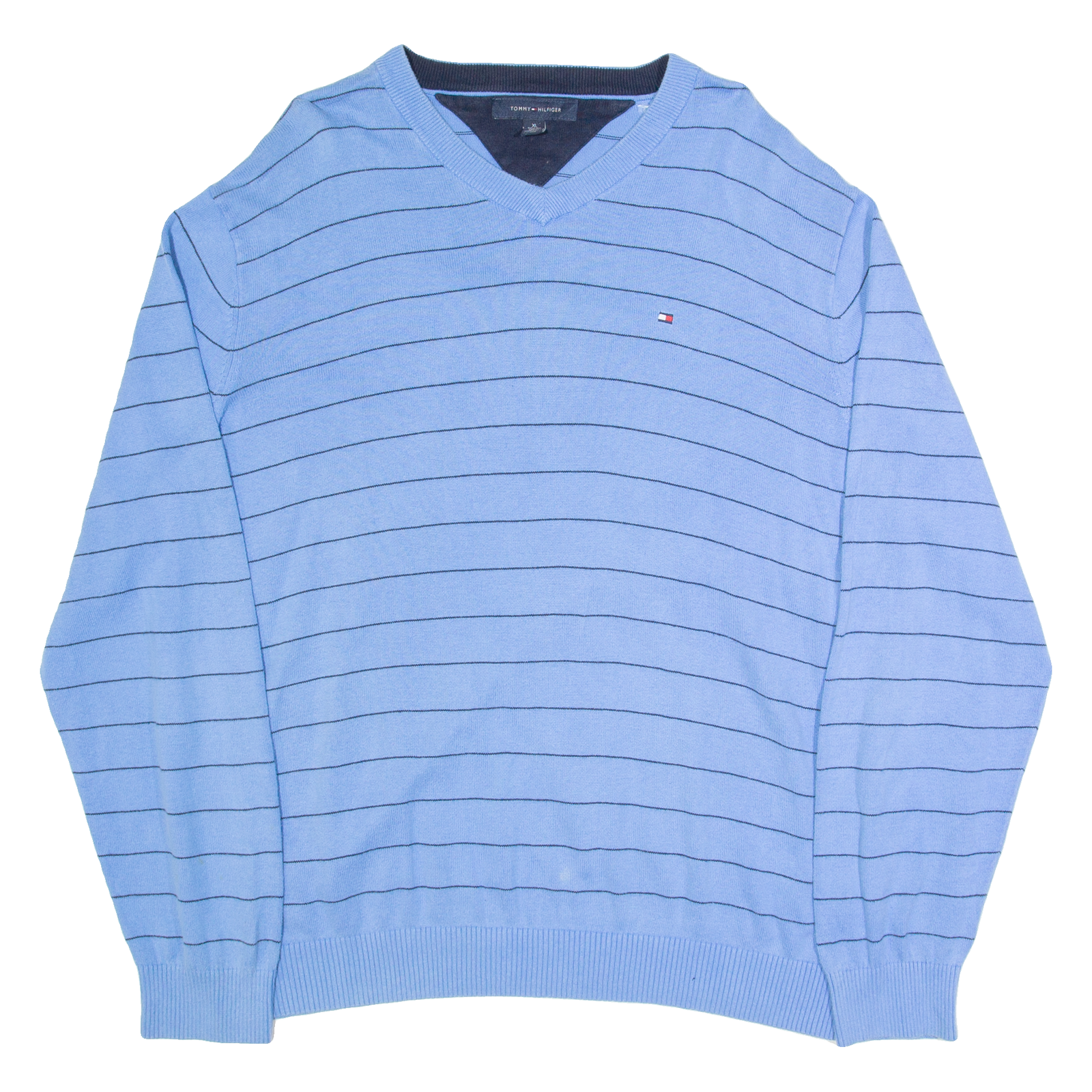 TOMMY HILFIGER Mens Patterned Jumper Blue Striped V-Neck Tight Knit XL Refurbished - N/A refurbished available on Cerqular