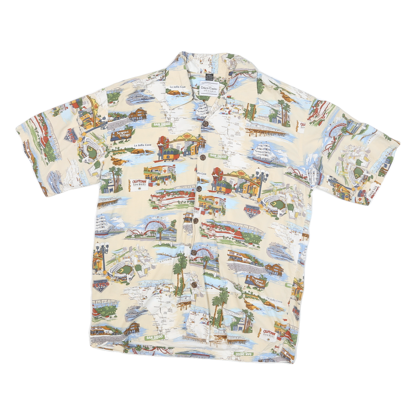DAVID CAREY Mens Beige Cotton Blend L Printed Hawaiian Shirt Button Front Casual Refurbished - N/A refurbished available on Cerqular