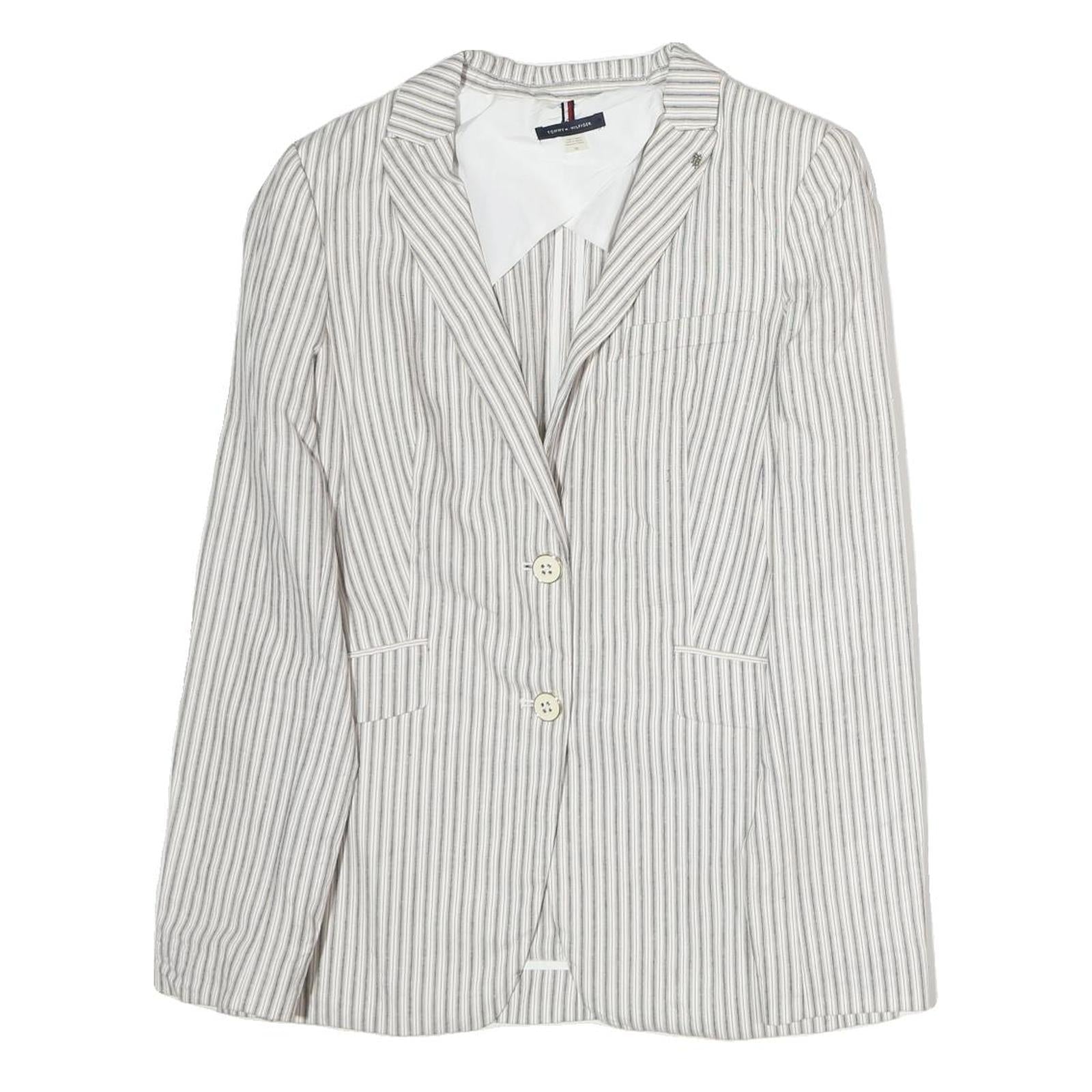 TOMMY HILFIGER Womens White & Grey Stripe Blazer Cotton Jacket M Tailored Refurbished - N/A refurbished available on Cerqular