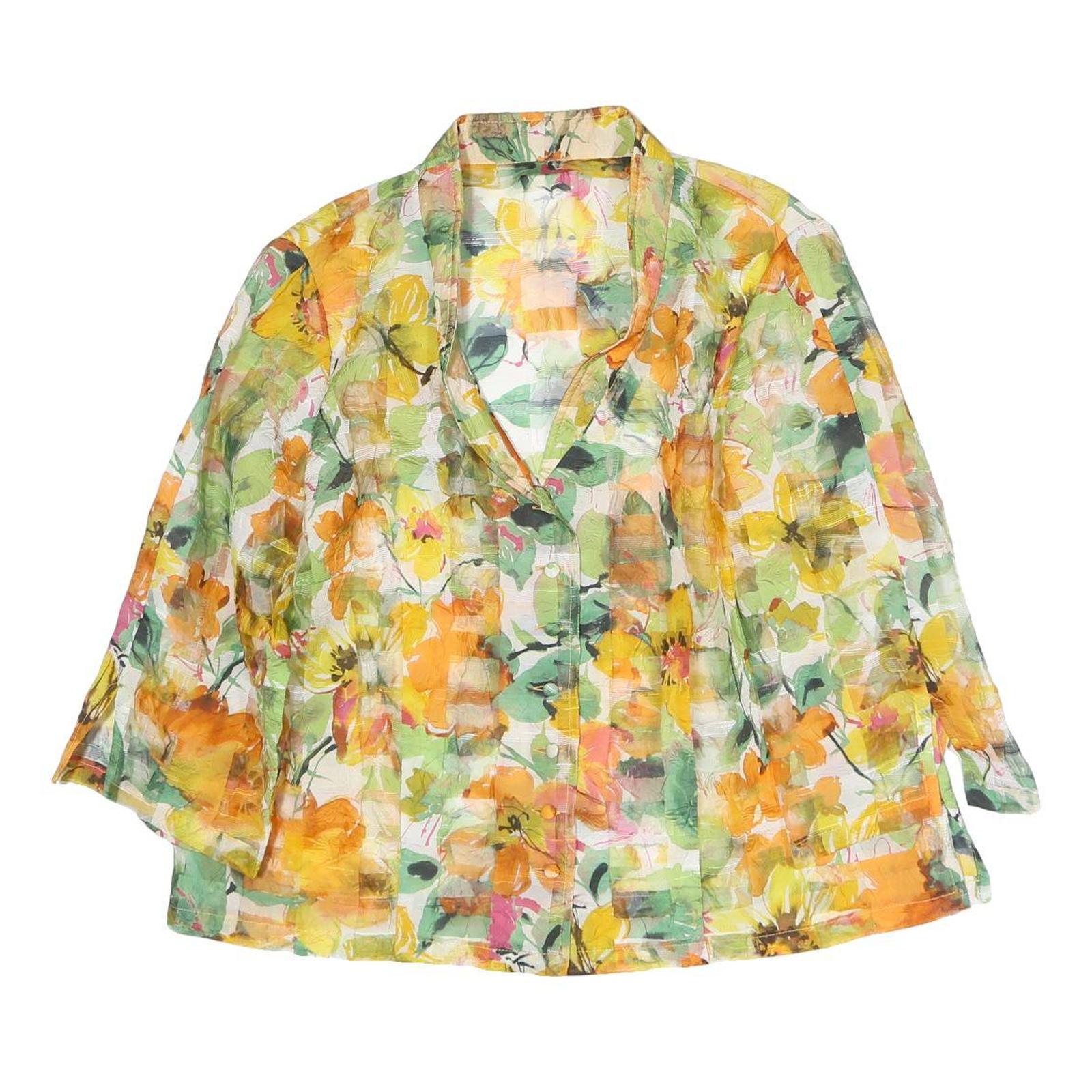 Womens Yellow Green Floral Printed Blouse Long Sleeve Button Neck L Lightweight Refurbished - N/A refurbished available on Cerqular