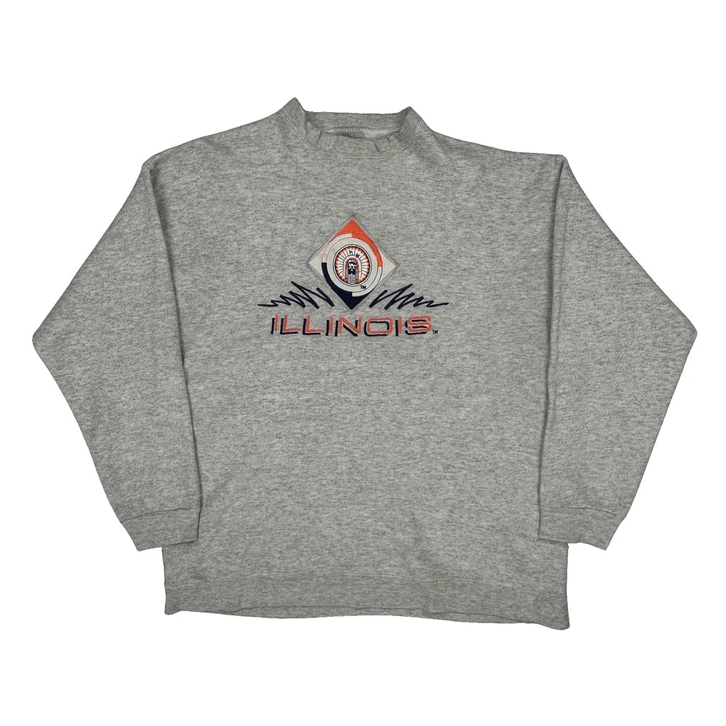 Illinois Logo 7 College Sweatshirt - Large Grey Cotton Refurbished - Thrifted (note: this is a term often used to describe second- refurbished available on Cerqular
