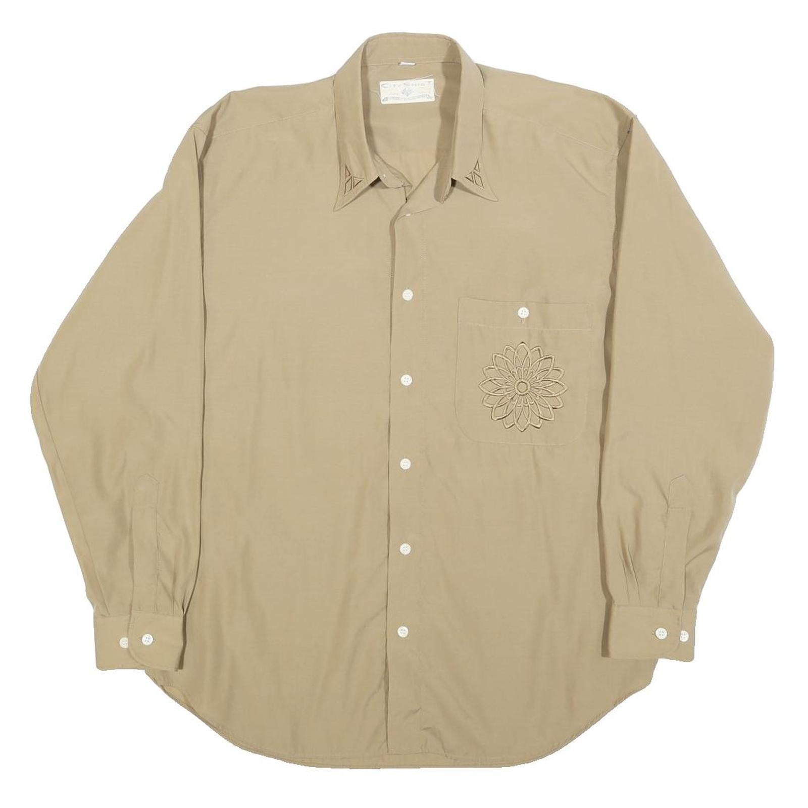 CITY SHIRT Mens Beige Shirt M Embroidered Pocket Floral Design Long Sleeve Refurbished - N/A refurbished available on Cerqular