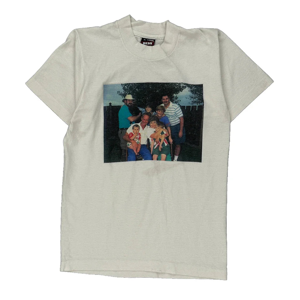Family Photo Fruit Of The Loom Single Stitch T-Shirt - Small White Cotton Blend Refurbished - Thrifted (note: this is a term often used to describe second- refurbished available on Cerqular