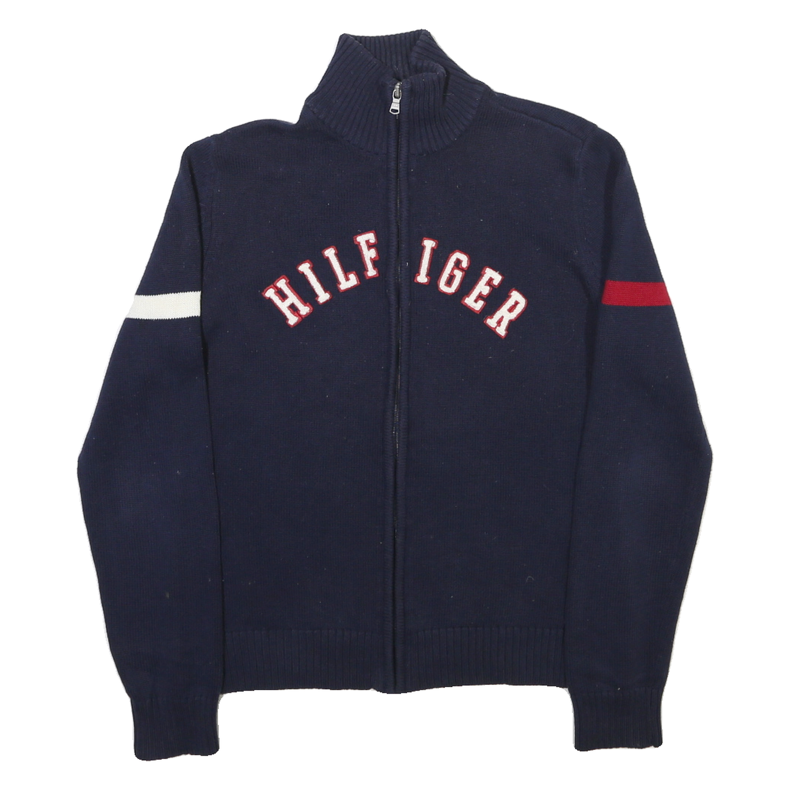 TOMMY HILFIGER Womens Navy Blue Patterned Zip-Up Cable Knit L Jumper Cotton Refurbished - N/A refurbished available on Cerqular