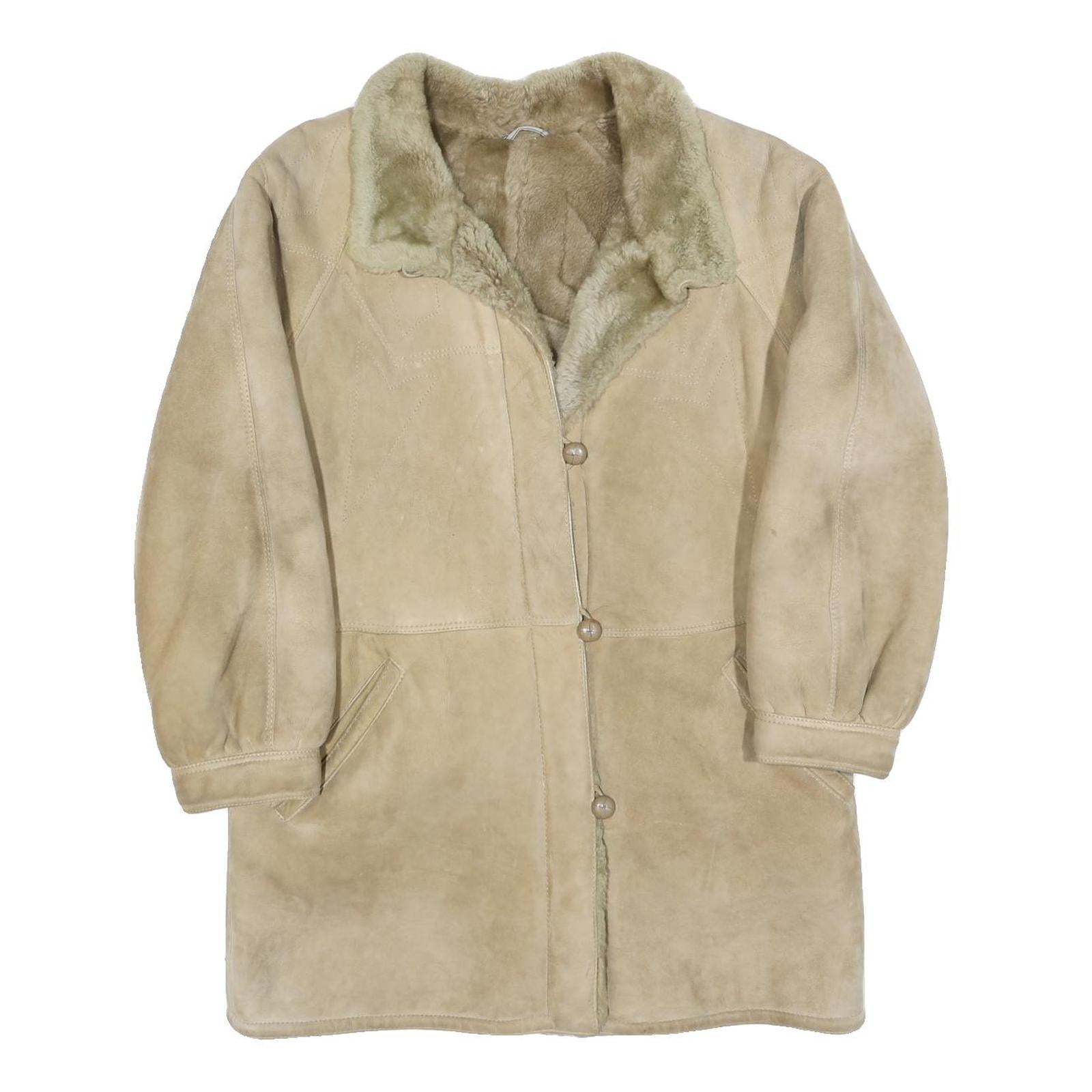 Womens Beige Leather Button Jacket M Suede Shearling Winter Coat Outerwear Refurbished - N/A refurbished available on Cerqular