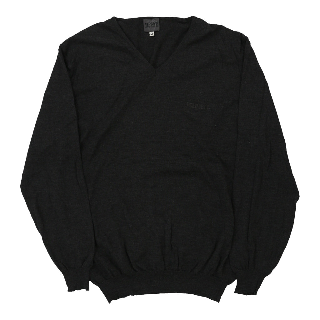 Versace V-neck Jumper - Medium Black Merino Wool Blend Refurbished - Thrifted (note: this is a term often used to describe second- refurbished available on Cerqular