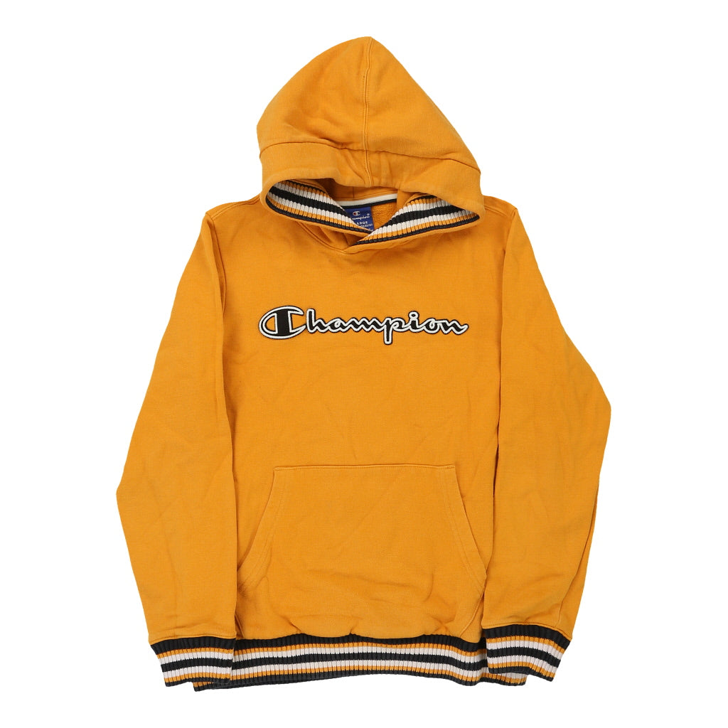 Age 13-14 Champion Spellout Hoodie - XL Yellow Cotton Blend | Size: x-large Refurbished - Thrifted (note: this is a term often used to describe second- refurbished available on Cerqular