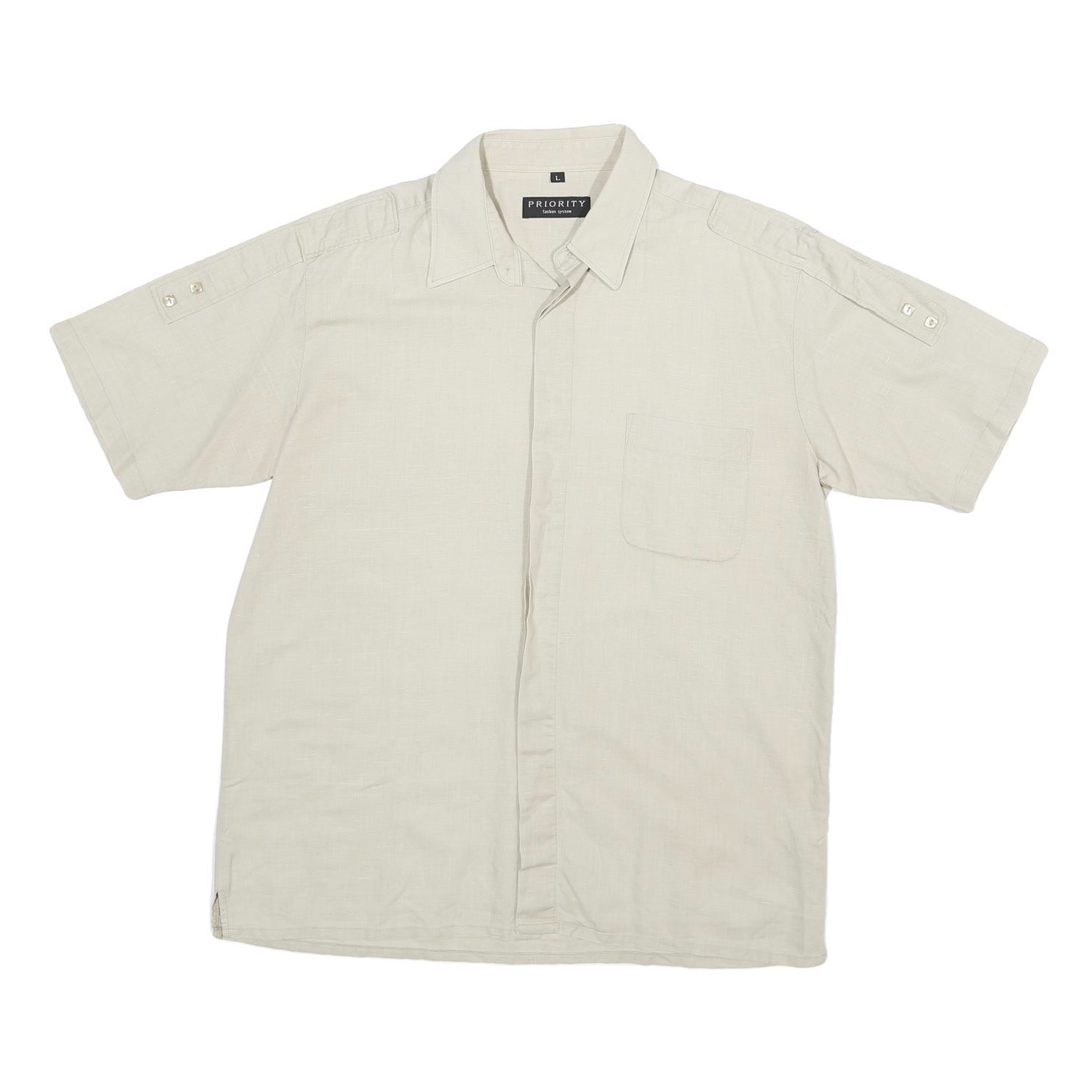 PRIORITY Mens Beige Shirt L Linen Blend Casual Short Sleeve Summer Shirt Refurbished - N/A refurbished available on Cerqular
