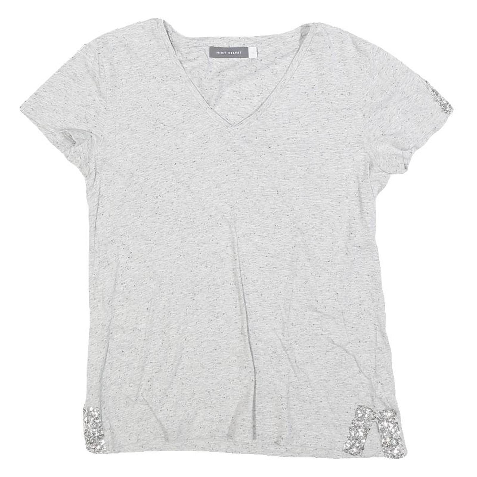 MINT VELVET Womens Grey Silver Embellished Short Sleeve V-Neck Top XS Refurbished - N/A refurbished available on Cerqular