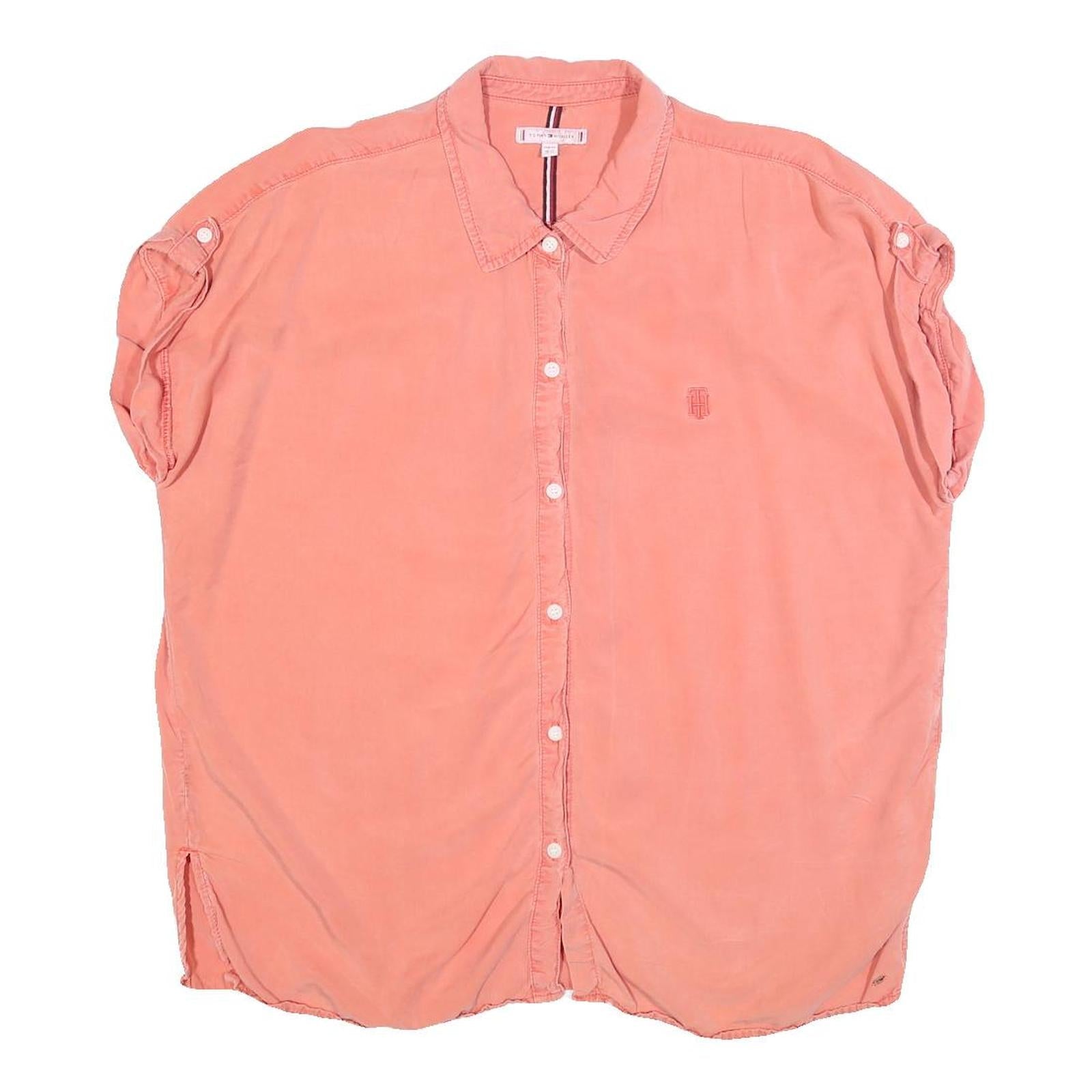 TOMMY HILFIGER Womens Coral Pink Basic Top Short Sleeve Button Neck L Casual Refurbished - N/A refurbished available on Cerqular