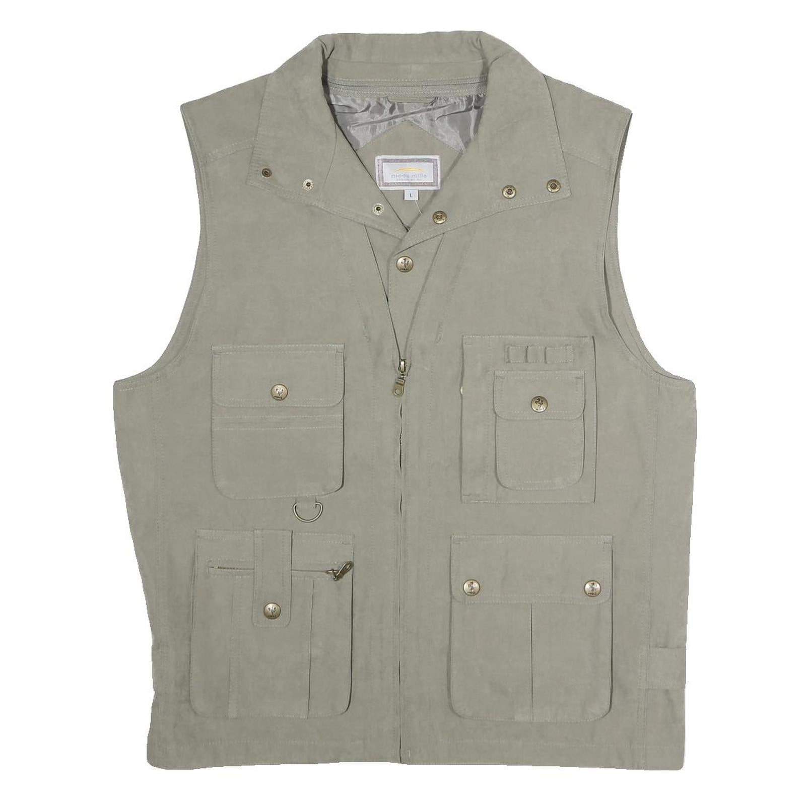 MODE MILLE Mens Beige Utility Jacket L Polyester Blend Plain Multipocket Zip Refurbished - N/A refurbished available on Cerqular