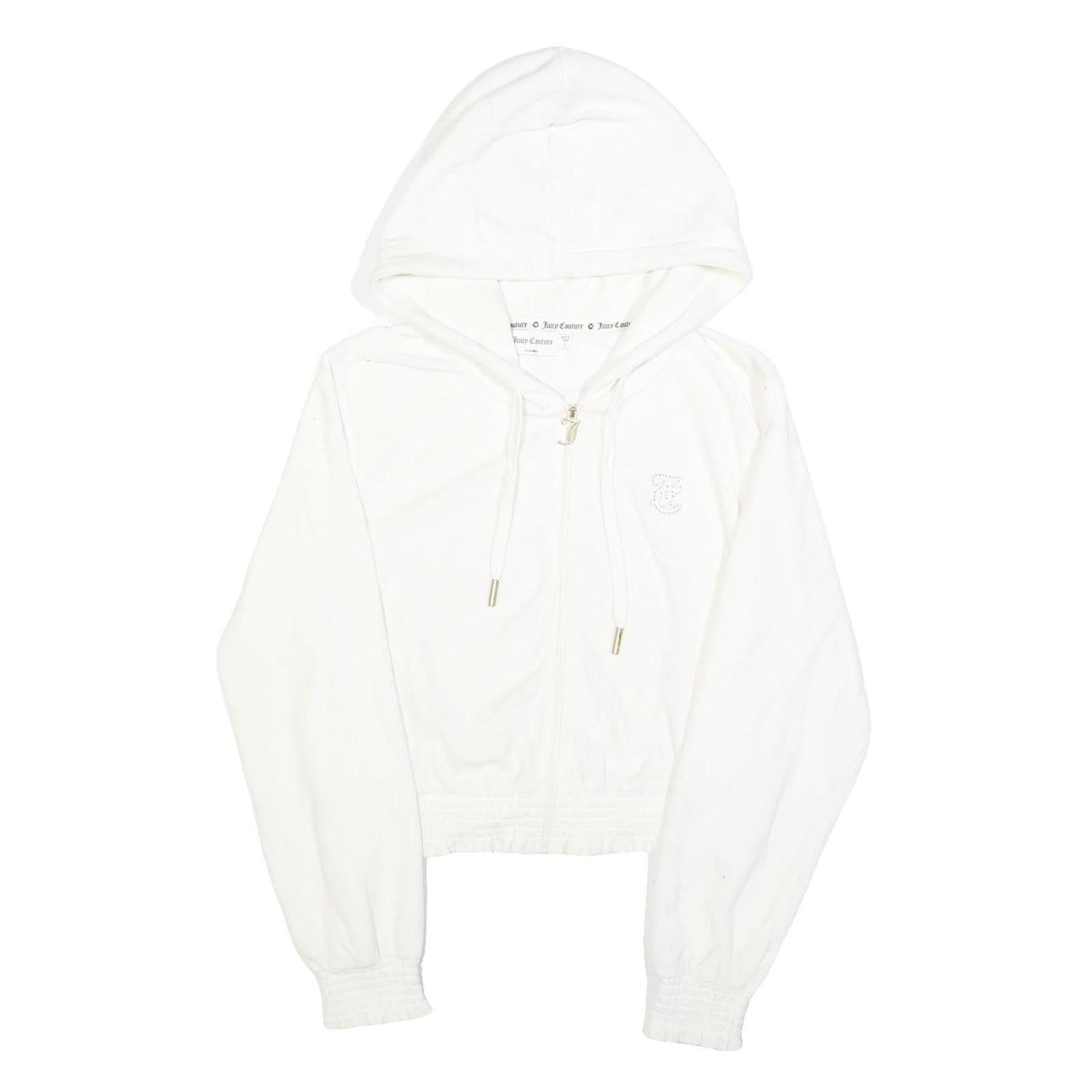 JUICY COUTURE Womens White Full Zip Hoodie L Velvet Glitter Logo Cropped Refurbished - N/A refurbished available on Cerqular