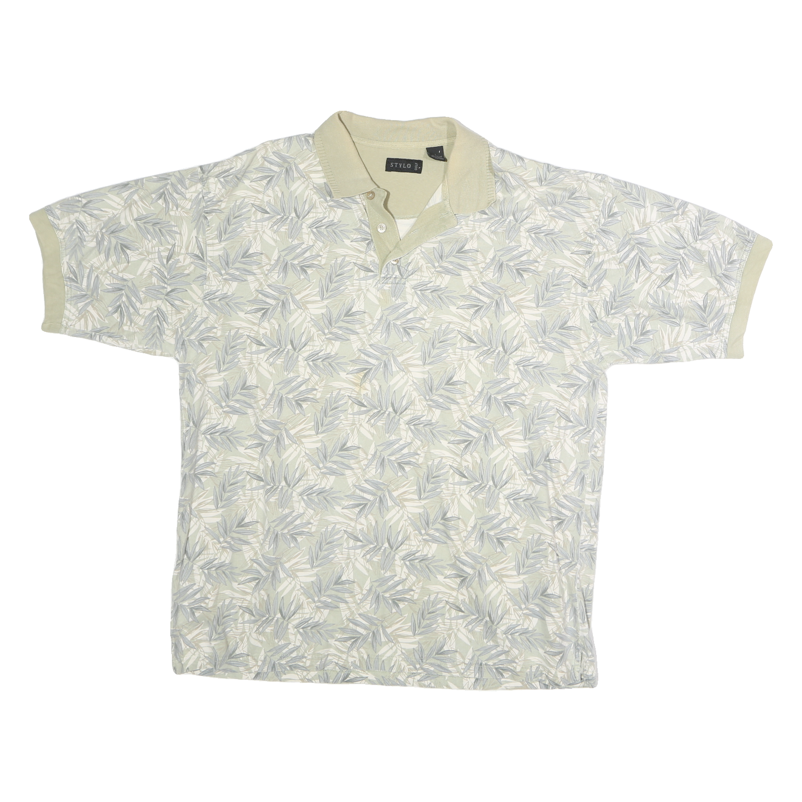 STYLO Mens Cream Leaf Print Short Sleeve Polo Shirt L Cotton Casual Summer Refurbished - N/A refurbished available on Cerqular