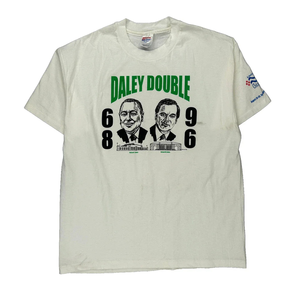 Daley Double Hanes Graphic T-Shirt - XL White Cotton Refurbished - Thrifted (note: this is a term often used to describe second- refurbished available on Cerqular