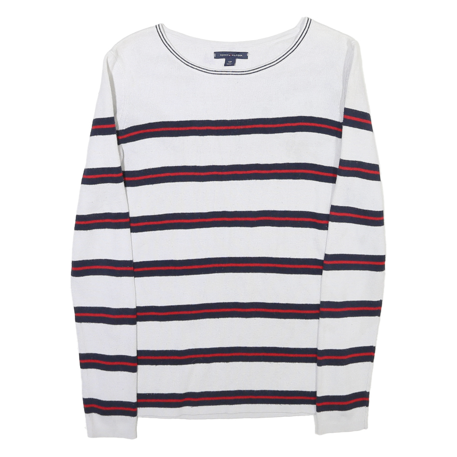TOMMY HILFIGER Womens White Navy & Red Striped Patterned Crew Neck Basic Knit Refurbished - N/A refurbished available on Cerqular