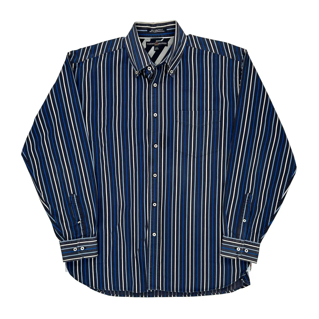 Tommy Hilfiger Striped Shirt - Large Blue Cotton Refurbished - Thrifted (note: this is a term often used to describe second- refurbished available on Cerqular