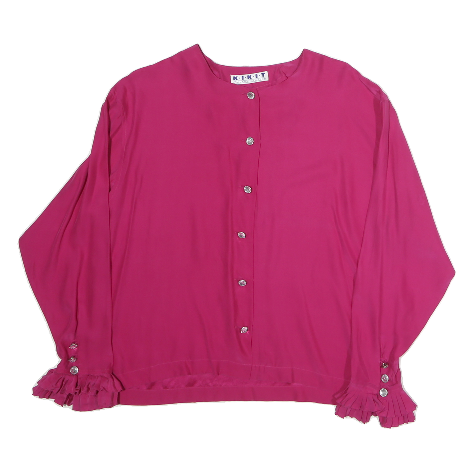 KIKIT Womens Pink Silk Button Shirt Long Sleeve Crew Neck Ruffle Cuffs M Refurbished - N/A refurbished available on Cerqular