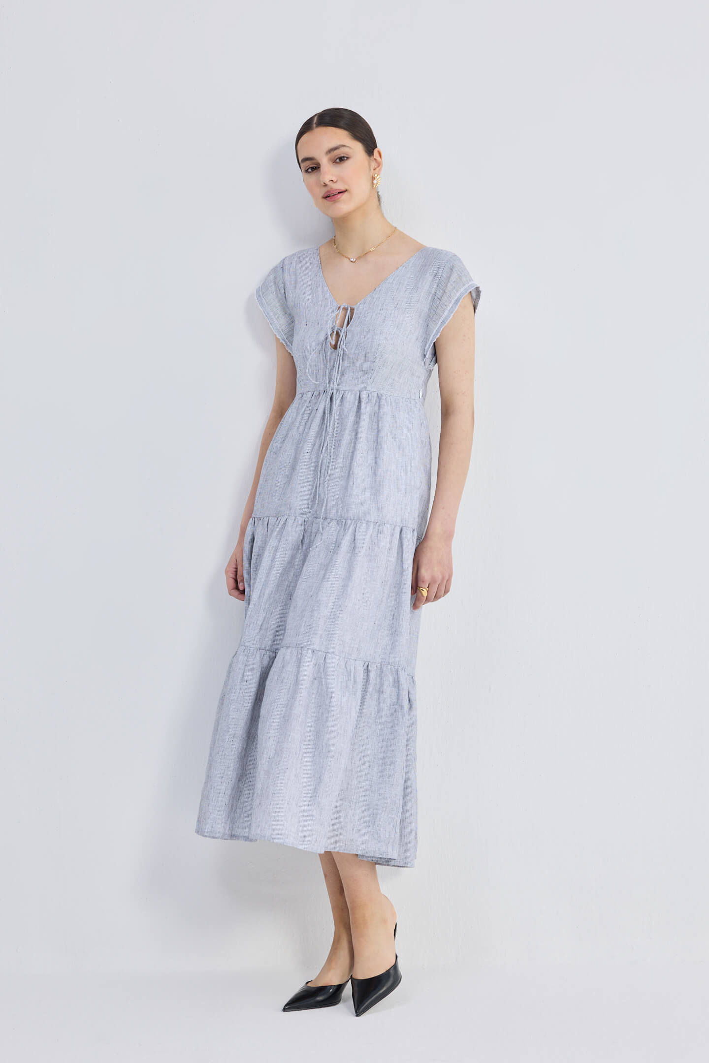 Maxi Tiered Dress with Front-ties in Linen Stripes | Color: Pin striped Linen | Size: 3XL Refurbished - Resistor (Note: This is a generic term for an electronic component, refurbished available on Cerqular