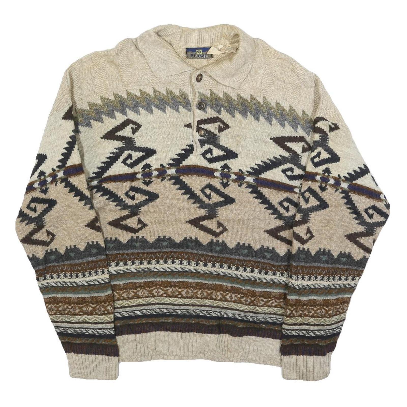 FIUME Mens Beige Brown Patterned Wool Blend Polo Jumper M Pullover Chunky Knit Refurbished - N/A refurbished available on Cerqular
