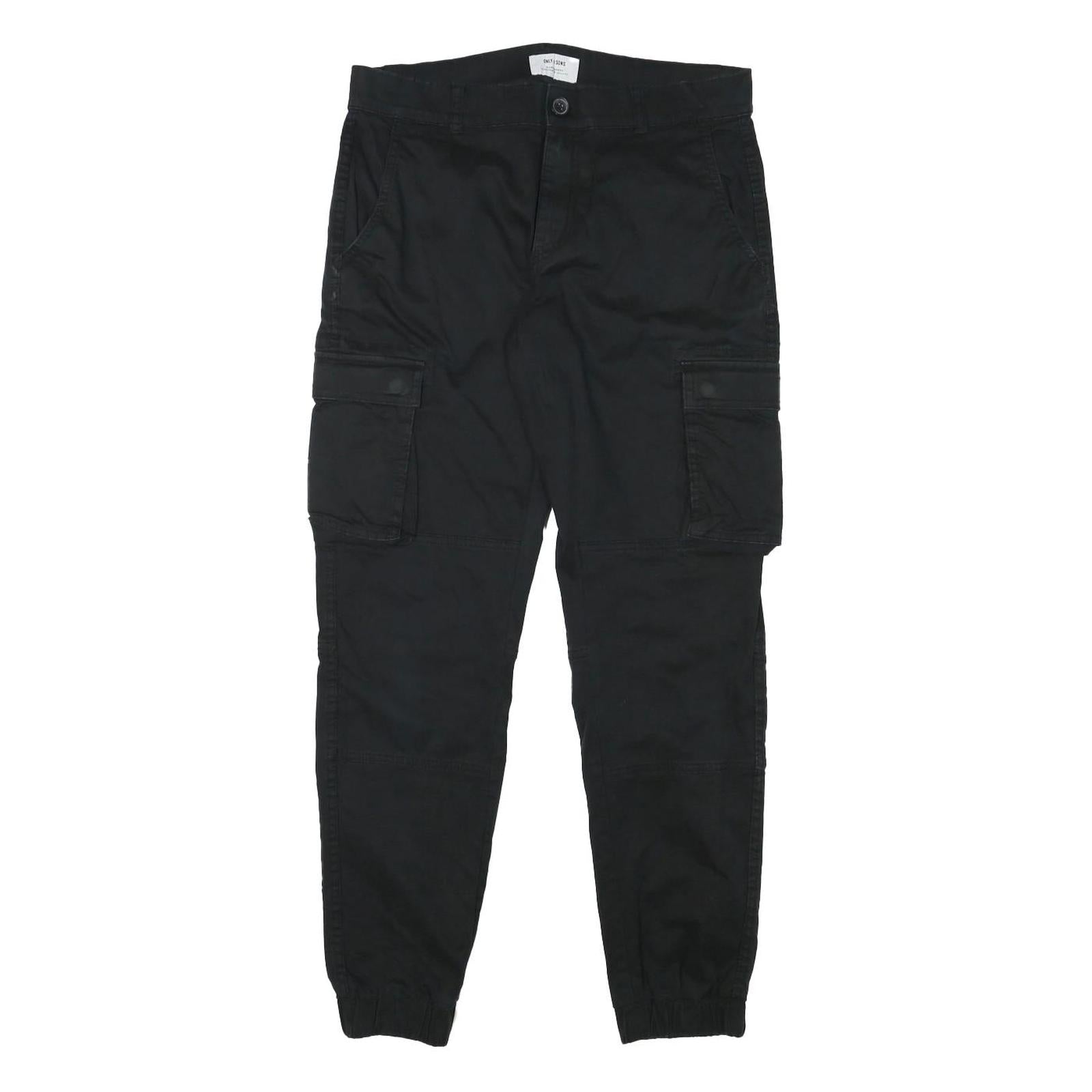 ONLY AND SONS Mens Relaxed Black Cargo Trousers W32 L30 Cotton Blend Zip Pockets Refurbished - N/A refurbished available on Cerqular