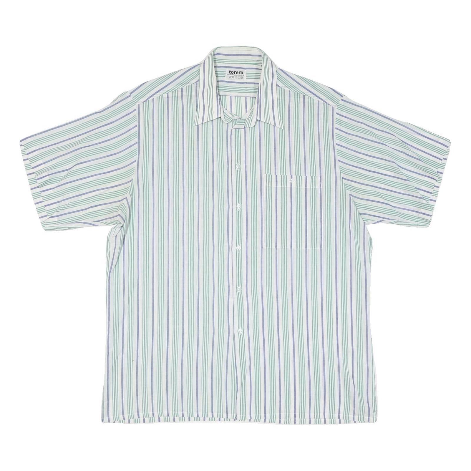 Mens Blue Green White Stripe Cotton Blend Shirt L Casual Summer Short Sleeve Refurbished - N/A refurbished available on Cerqular