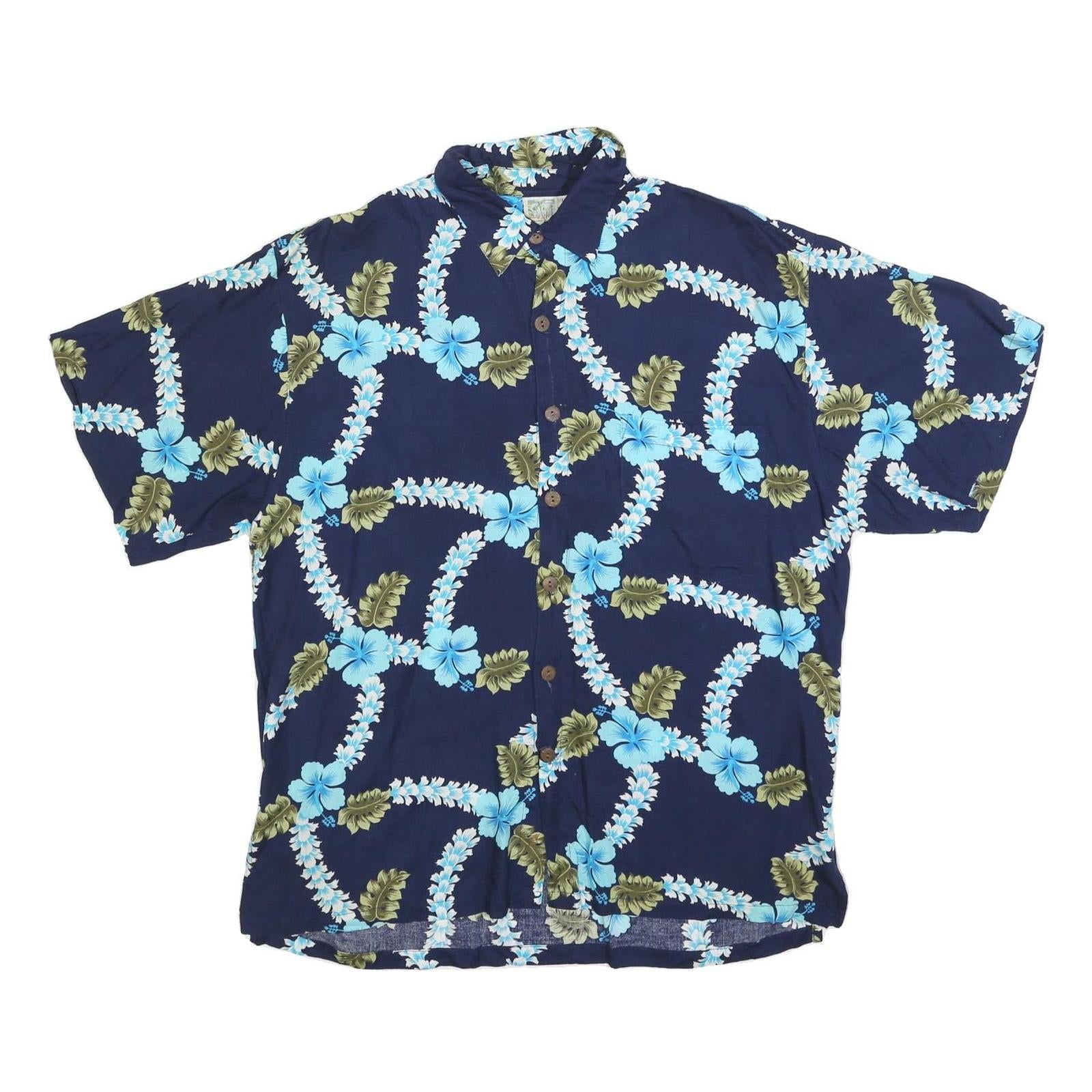 COCONUT BEACH Mens Navy Blue & Green Hawaiian Shirt L Cotton Blend Casual Refurbished - N/A refurbished available on Cerqular