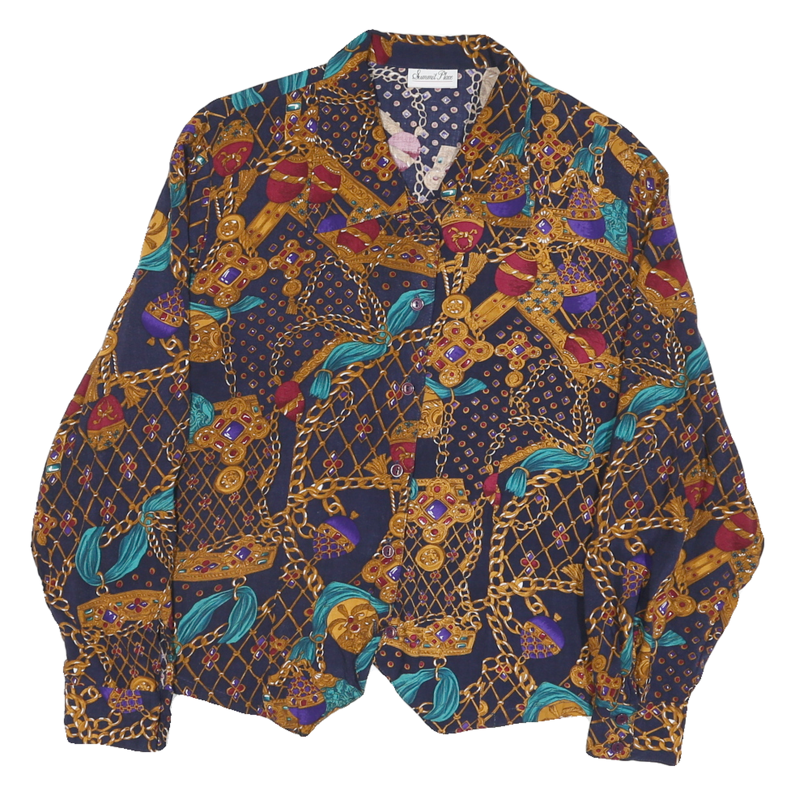 SUMMIT PLACE Womens Navy Blue & Gold Pattern Shirt M Vintage Style Button Down Refurbished - N/A refurbished available on Cerqular