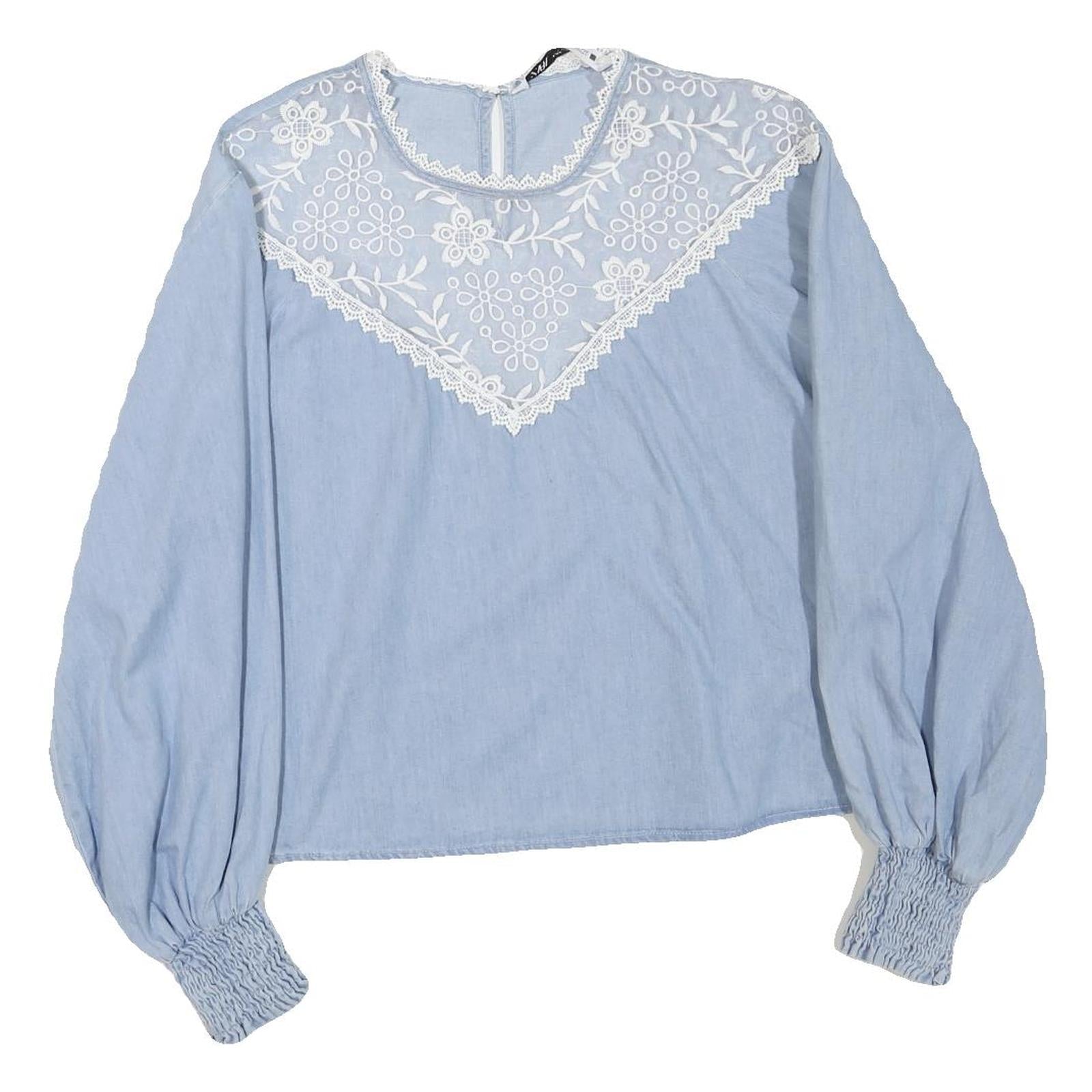 ZARA Womens Blue Cotton Blend Blouse Long Sleeve Round Neck Embroidered S Refurbished - N/A refurbished available on Cerqular