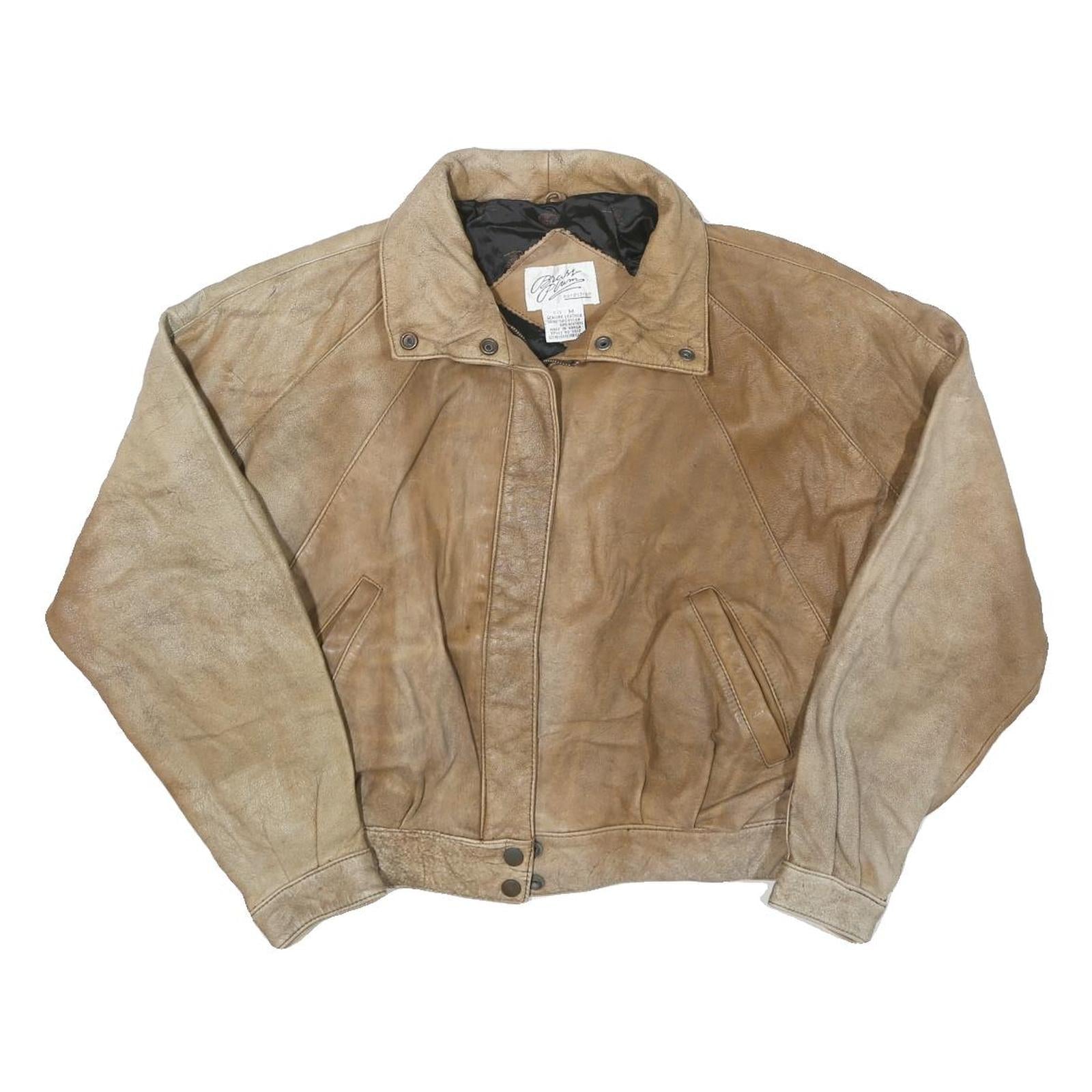 BRASS PLUM Womens Beige Leather Zip Jacket M Plain Vintage Style Refurbished - N/A refurbished available on Cerqular